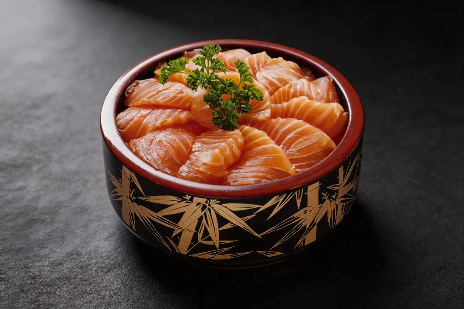 C1. Chirachi saumon dans un bol laqué rouge et noir, fond sombre.