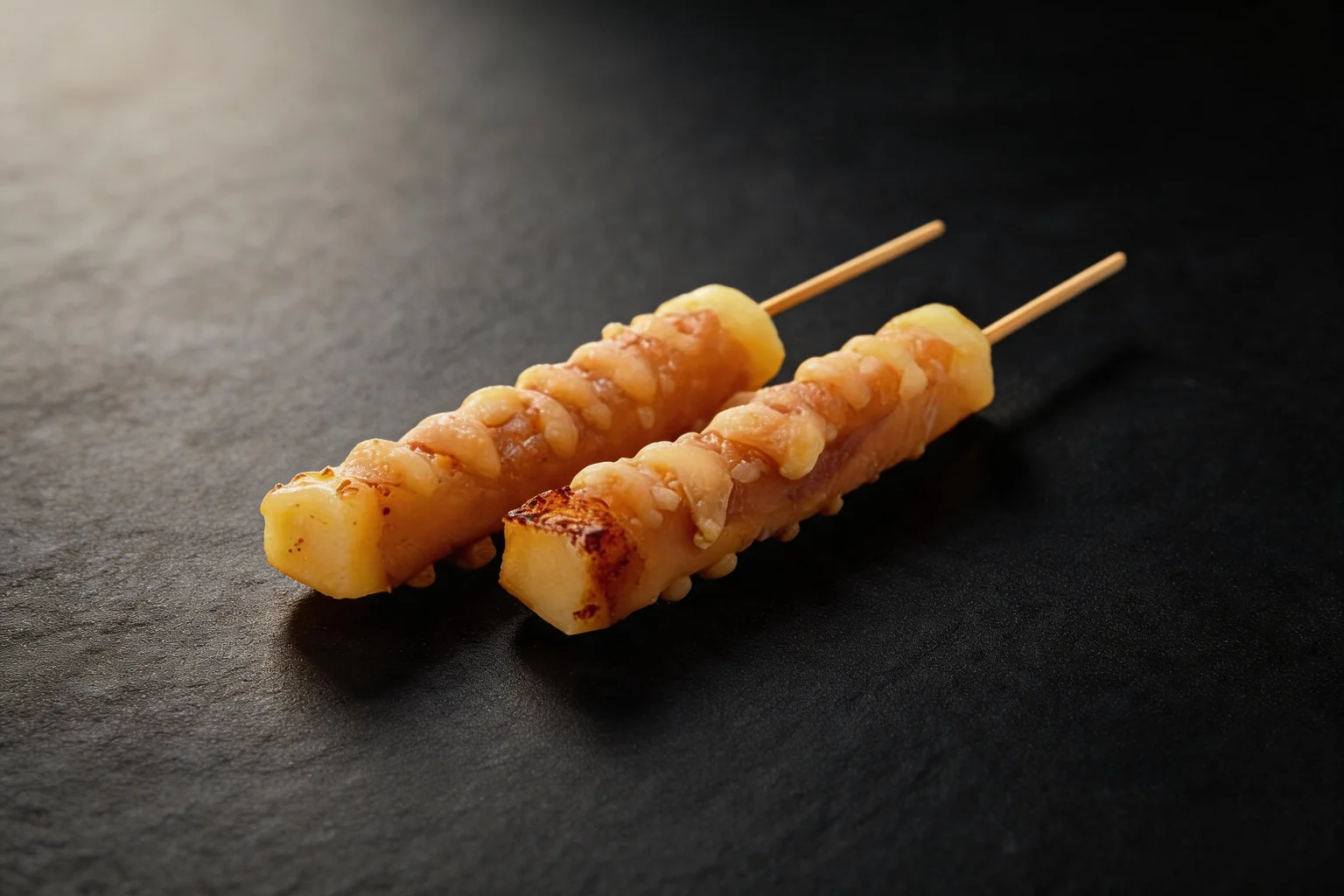 708. Boeuf au fromage : brochettes sur fond sombre.