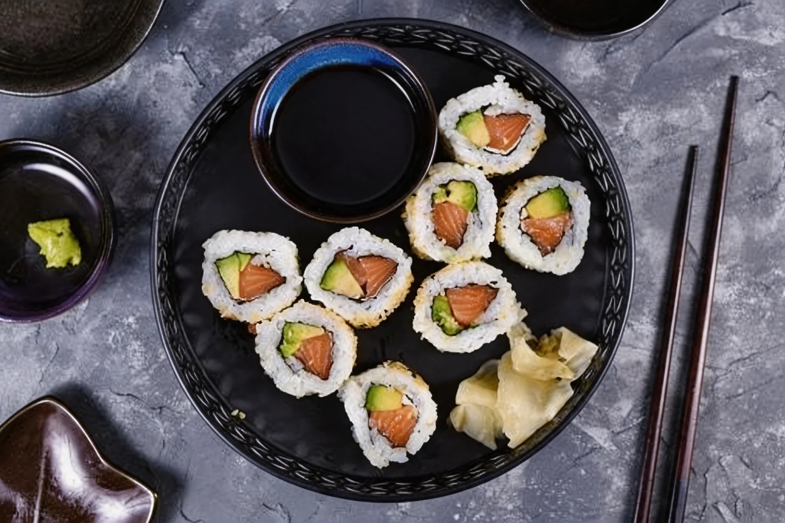 California maki sur une assiette noire ronde, sauce soja et gingembre, fond de pierre grise.