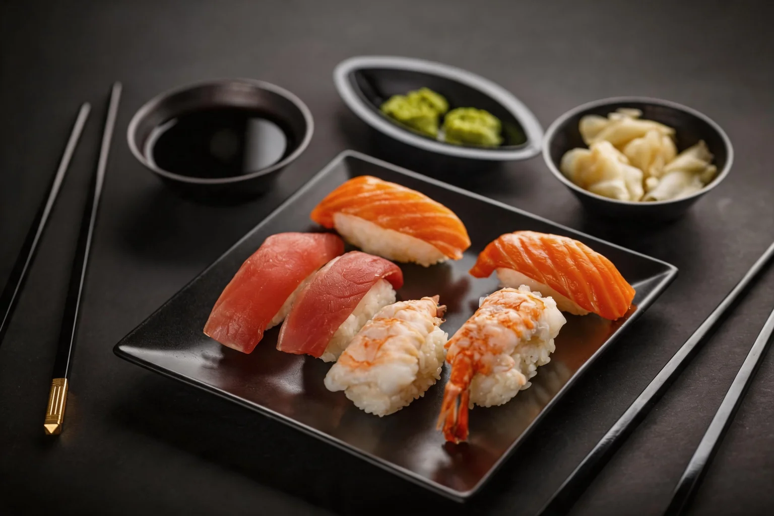 Sushi sur une assiette carrée noire, sauce soja, wasabi et gingembre.