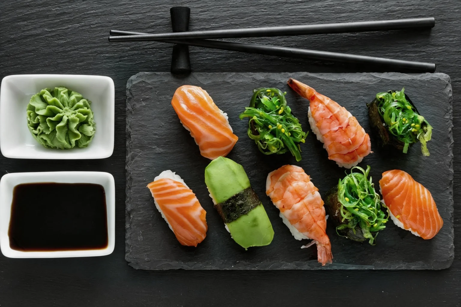 Sushis sur une ardoise, wasabi et sauce soja.