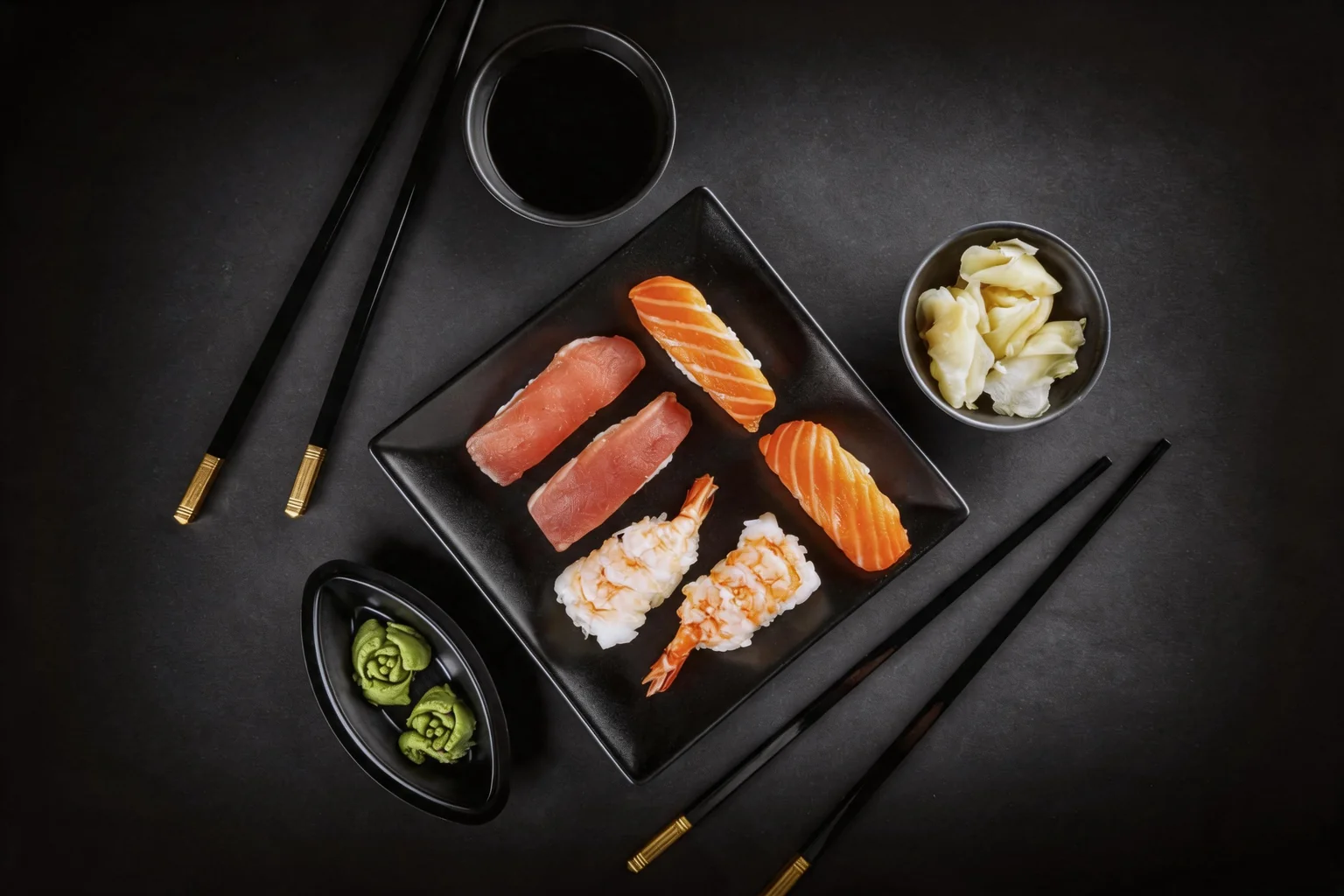 Sushis (thon, saumon, crevette) sur une assiette carrée noire, baguettes et sauce soja.