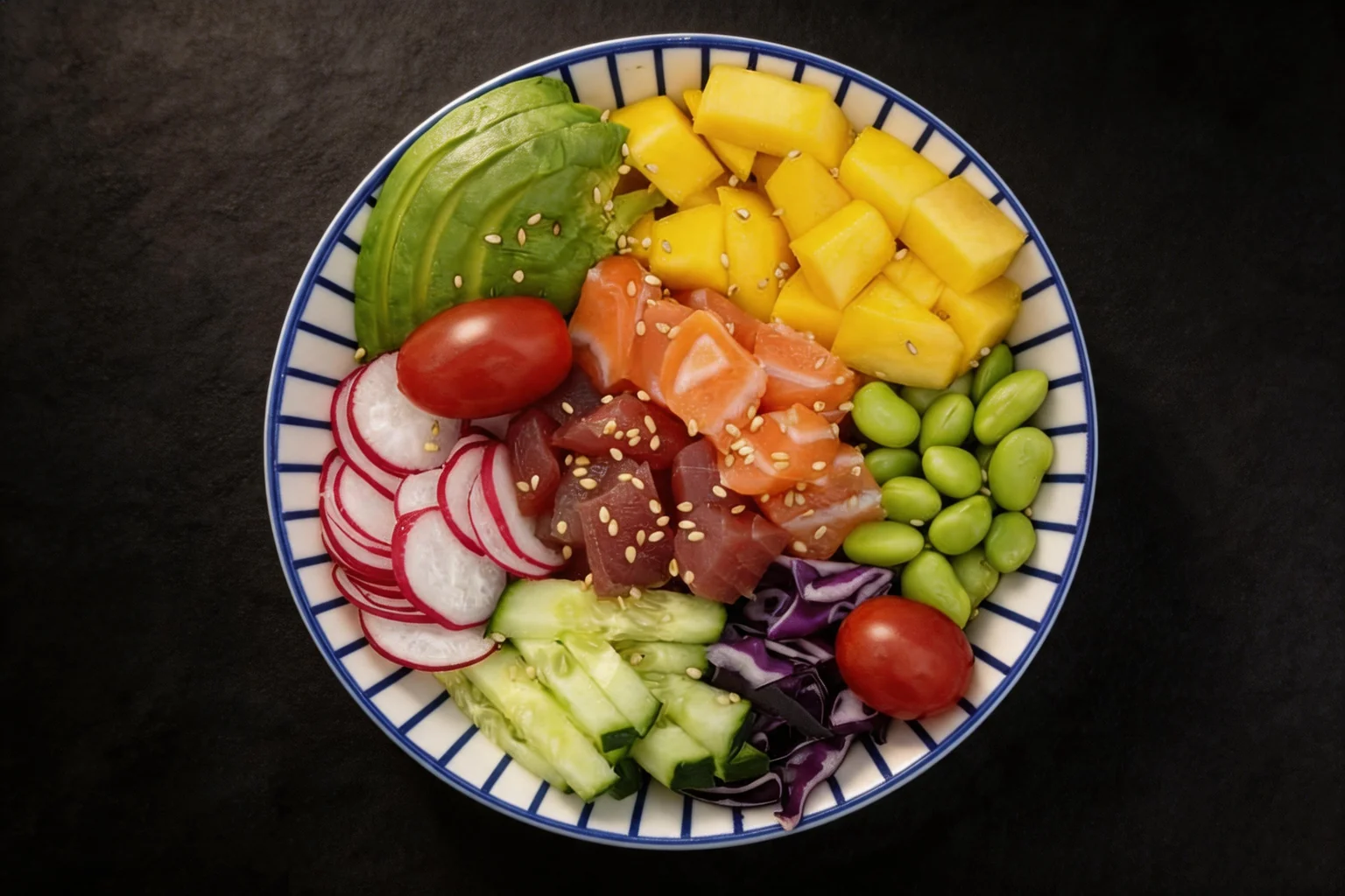 Poké bowl dans un bol à liseré bleu, fond sombre.